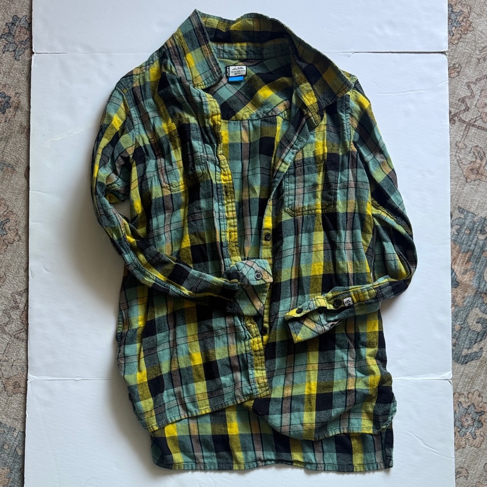 Kavu Flannel Plaid Button-Up Shirt in Yellow and Green